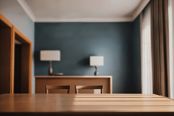 Fototapeta na wymiar Table top with Blurred sofa Home interior decoration