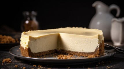 Creamy vanilla cheesecake with a buttery graham cracker crust. Generative AI.