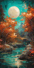 Abstract art - painting of a landscape with a river and trees - done with warm colors