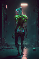 alien woman from multiverse. bubble black shadow skeleton girl, halloween night neon city