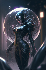 Obraz na płótnie Canvas alien woman from multiverse. bubble black shadow skeleton girl, halloween night city 