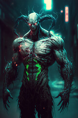 alien from multiverse. greenish black shadow man, halloween night neon city