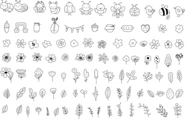 Fototapeta na wymiar Flower leaf animal big set, doodle hand drawn outline style, for printing,card, wedding,love, t shirt,banner,product.vector illustration