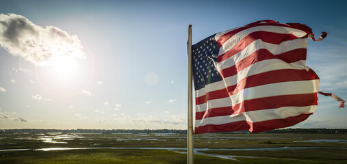 American Flag Adjacent to Wetlands