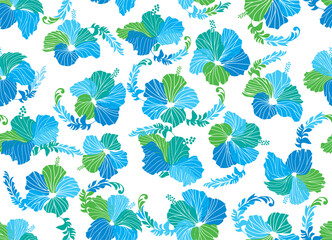 Fototapeta na wymiar Hibiscus seamless illustration pattern, light blue, background image of tropical, Hawaii, tropical image, white background | Apparel, textile