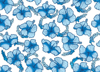 Hibiscus seamless illustration pattern, light blue, background image of tropical, Hawaii, tropical image, white background   Apparel, textile © globeds