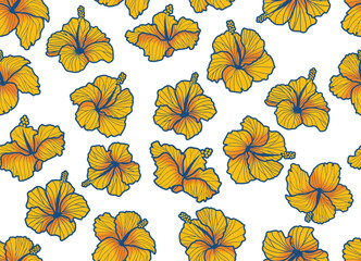 Fototapeta na wymiar Hibiscus seamless illustration pattern, yellow, background image of tropical/Hawaii/tropical image, white background | Apparel, textile