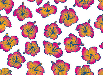 Seamless hibiscus illustration pattern, pink, background image of southern country and hawaii and tropical image, white background | Apparel, textile