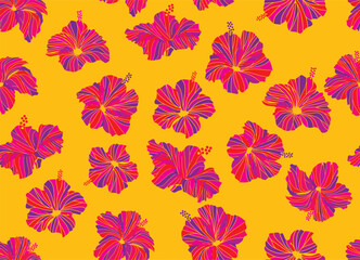 Seamless hibiscus illustration pattern, pink, background image of southern country and hawaii and tropical image, yellow background | Apparel, textile