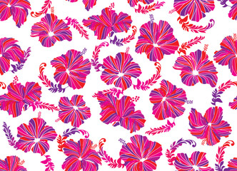 Seamless hibiscus illustration pattern, pink, background image of southern country and hawaii and tropical image, white background | Apparel, textile