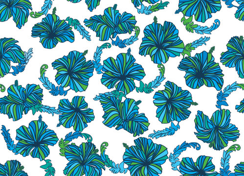 Hibiscus seamless illustration pattern, light blue, background image of tropical, Hawaii, tropical image, white background | Apparel, textile