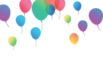 Illustration of colorful balloons and confetti on a white background.