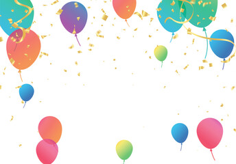 Illustration of colorful balloons and confetti on a white background.