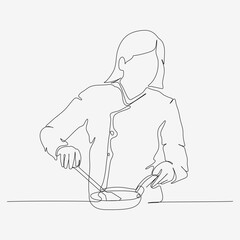Continuous one line design of a woman cooking in a frying pan. Minimalist style vector illustration on white background.