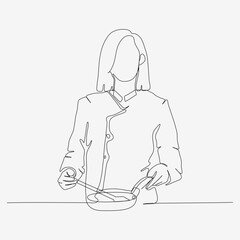 Continuous one line design of a woman cooking in a frying pan. Minimalist style vector illustration on white background.