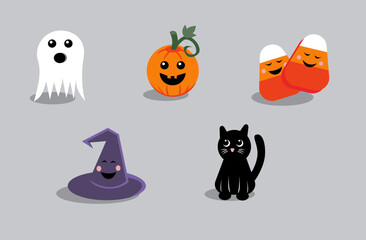 Cute Smiling Vector Halloween Spooky Cartoon Characters 