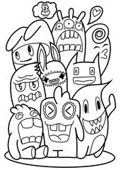 Hand-drawn illustrations, monsters doodle, Hand Drawn cartoon monster illustration,Cartoon crowd doodle hand-drawn Doodle style.black and white stripes coloring  book.