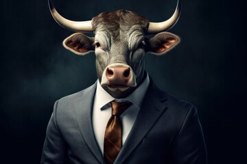 Cow head in suit and tie on dark background. Business concept, generative Ai
