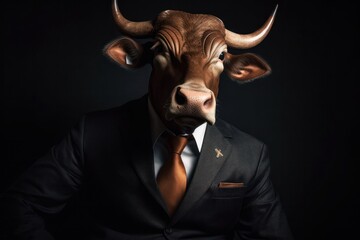 Businessman with a bull head on a black background. Business concept, generative Ai