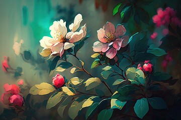 Digital painting of a branch of a blossoming tree with pink flowers, generative Ai