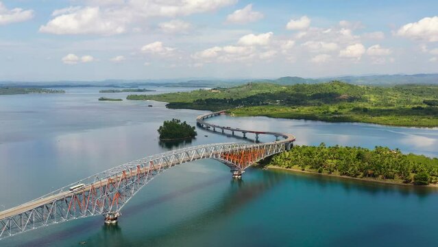 San Juanico Bridge, Philippines. Road bridge between the islands, top view. Summer and travel vacation concept. Generative AI