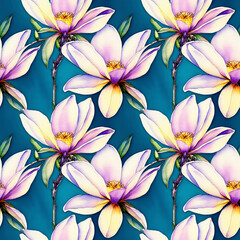 Tropical seamless Magnolia pattern on blue backdrop, watercolor illustration for textile, manufacturing, wallpapers, print, gift wrap and scrapbooking. AI generated Generative AI