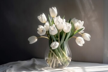 Bouquet of white tulips in a vase on the windowsill, generative Ai