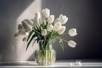 Bouquet of white tulips in a vase on a gray background, generative Ai