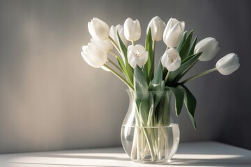 Bouquet of white tulips in vase on windowsill, generative Ai