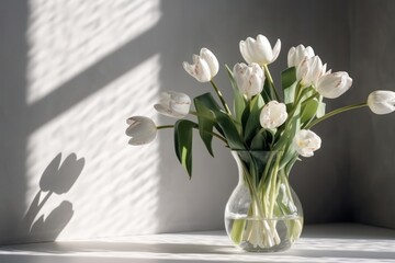 Bouquet of white tulips in a vase on the windowsill, generative Ai