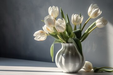 Bouquet of white tulips in a vase on wooden table, generative Ai