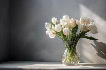 Bouquet of white tulips in a vase on a light background, generative Ai