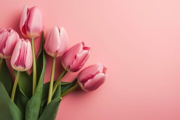 Bouquet of pink tulips on a pink background with copy space, generative Ai