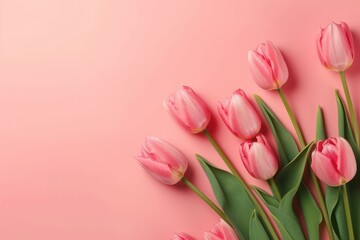 Pink tulips on a pink background. Top view, copy space, mothers day concept, generative Ai