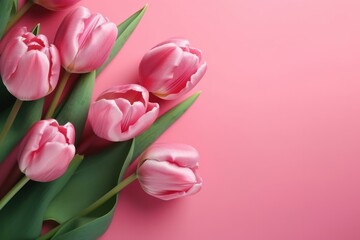 Obraz premium Bouquet of pink tulips on a pink background with copy space, generative Ai