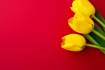 Yellow tulips on red background. Top view with copy space, generative Ai