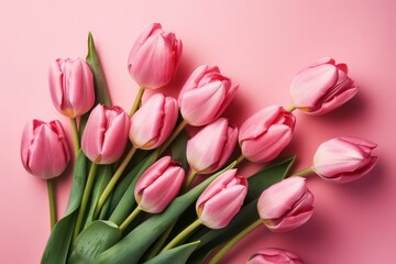 Obraz premium Bouquet of pink tulips on a pink background, top view, generative Ai