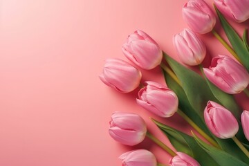 Obraz premium Bouquet of pink tulips on a pink background. A place for text, generative Ai