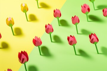 Creative layout made of red tulips on green and yellow backgrounds with studio lighting and shadow. Minimal concept. 3D render, generative Ai