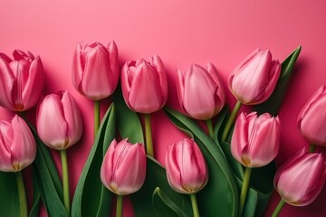 Obraz premium Beautiful tulips on color background, top view. Space for text, generative Ai