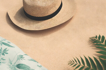 Fototapeta na wymiar straw hat on the sand with palm tree leaf