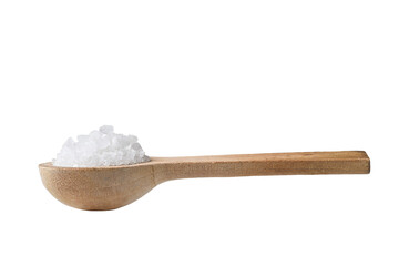 Coarse sea salt heap in a wooden spoon isolated cutout on transparent