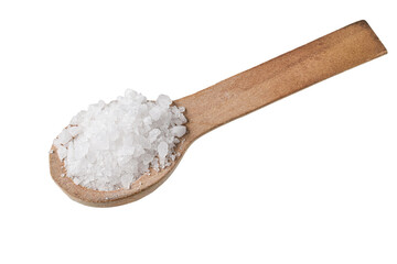 Coarse sea salt in a wooden spoon isolated cutout on transparent