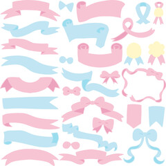 タイトルやフレームや装飾などに使えるいろんなピンクと水色のリボンセット