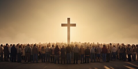 a group of people standing in front of a cross