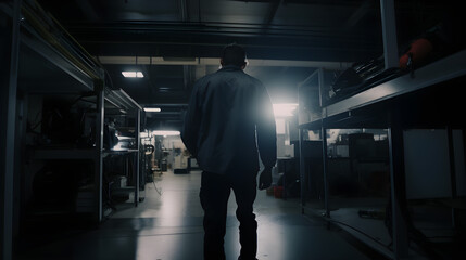 Machine operator on dark shop floor