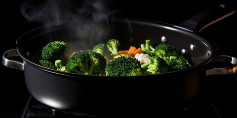 a pot filled with broccoli and carrots on top of a stove