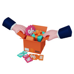 Opening discount box 3D rendering icon isolated, perfect for Ecommerce business presentation