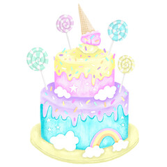 Two tiered birthday cake with pastel rainbow colours, icing, sprinkles, rainbows, clouds, lollypops and an icecream.  Illustration for design or print.