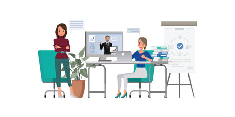 Business online course concept. Office man and woman character vector design. Business people working in office planning, thinking and economic analysis.